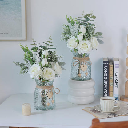 Faux Flowers with Vase, Artificial Silk Roses in Vase, Fake Plant Eucalyptus Flower Arrangement for Home Office Farmhouse Bathroom Dining Table Centerpiece Decorations Coffee Table Decor (White)