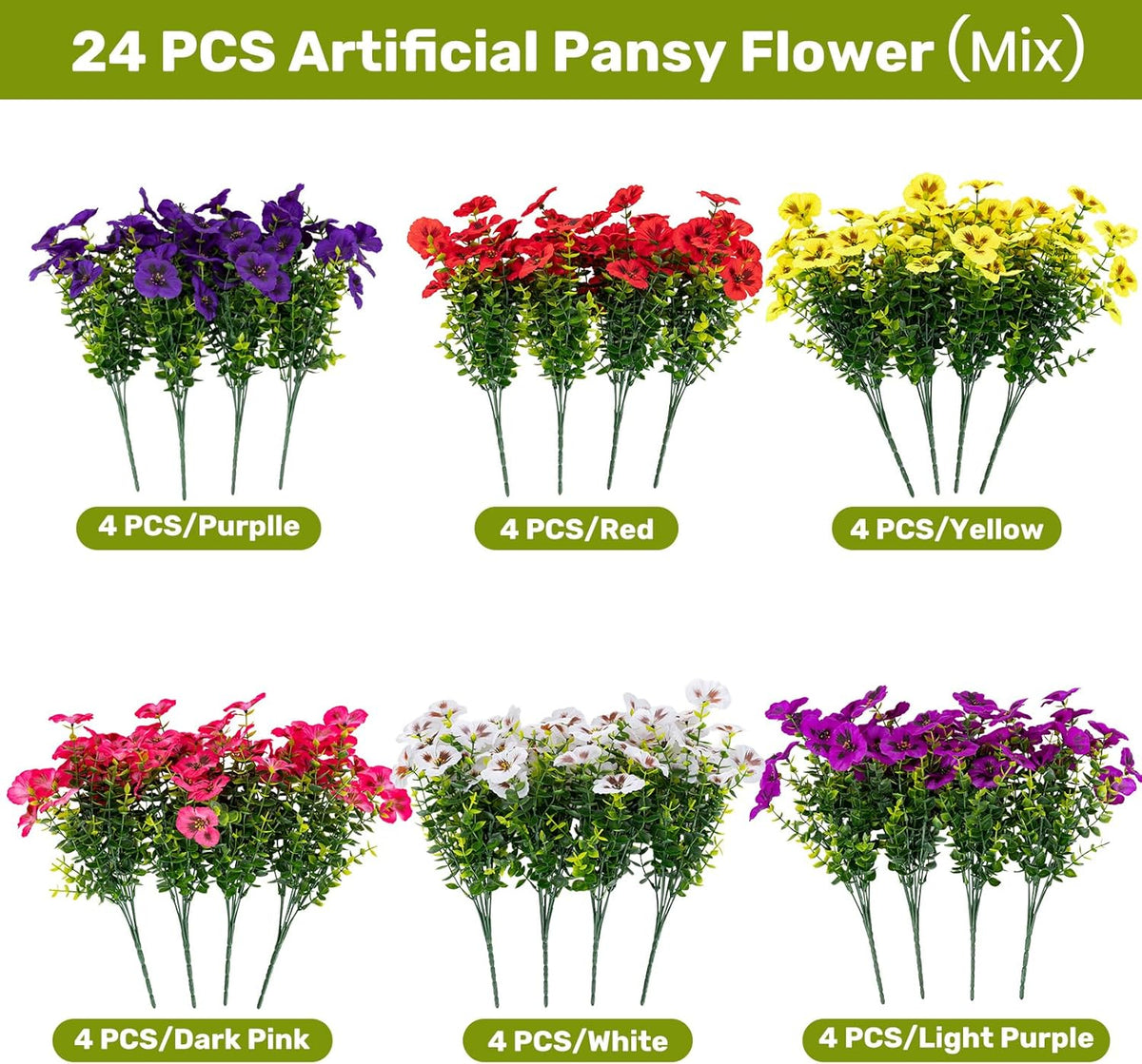 24 Pcs Artificial Fake Pansy Flowers for Outdoor, Faux Silk Plants Flowers UV Resistant Pansies Spring Flowers for Planter Front Door Porch Yard Patio Garden Window Box Home Decor (6 Color)