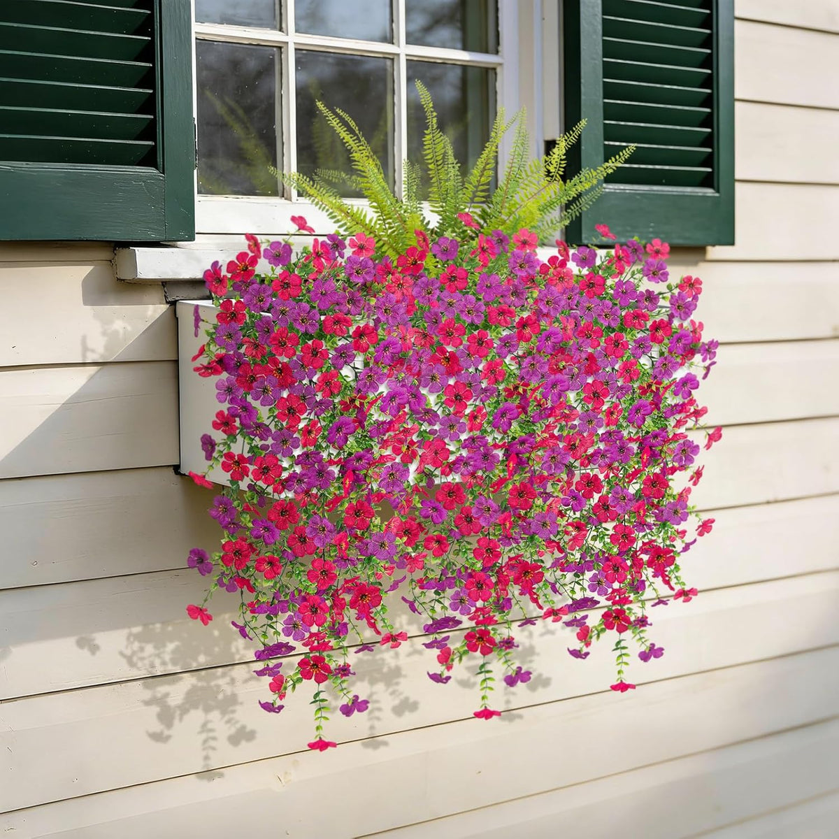 Artificial Fake Hanging Flowers Plants for Outdoor Spring Decoration, 3 Pcs Faux Silk Daisy with Boston Ferns, UV Resistant Look Real for Outside Home Indoor Planter Porch Patio Balcony Yard Decor