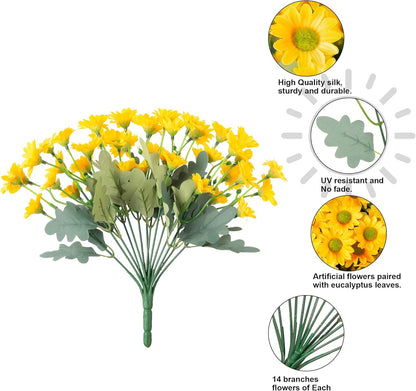 Daisy Artificial Flowers for Outdoors Decoration, 6 Bundles Fake Plants Flowers Bouquet Faux Flowers for Outdoor Planter Look Real UV Resistant Silk Flowers for Outside Front Door Porch Patio, Yellow