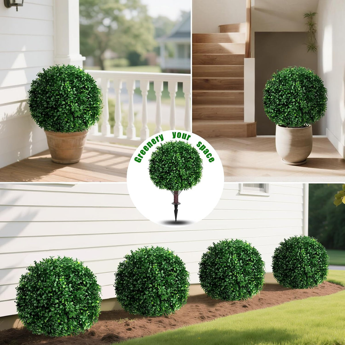 Artificial Boxwood Topiary Ball Tree Set of 2, UV Resistant Artificial Outdoor Shrubs with Spike, Decorative Evergreen Fake Topiary Bushes Plant for Front Porch Garden