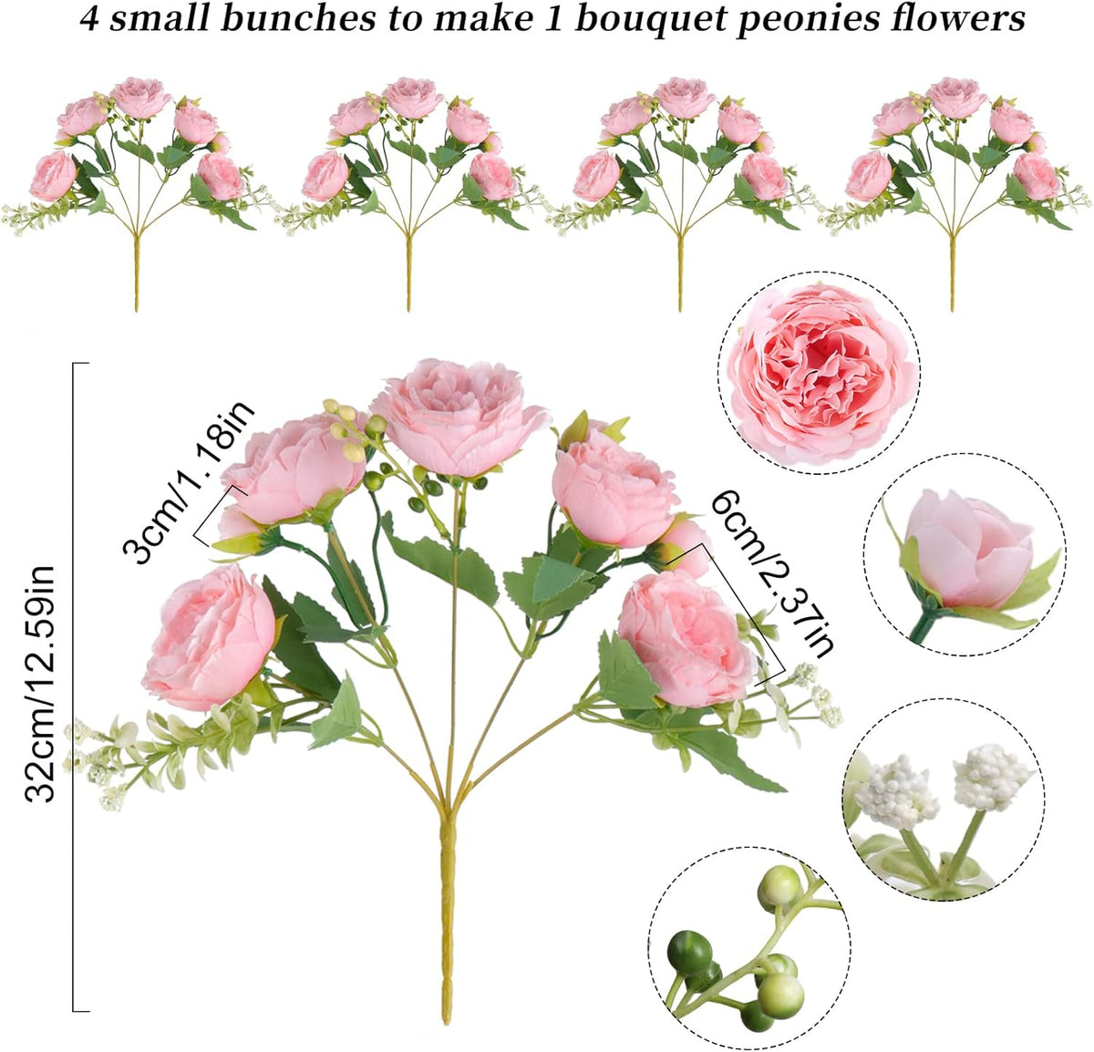 Artificial Peonies Silk Flowers, 4 Bundles Faux Peony Bouquet for Farmhouse Home Decor, Light Pink