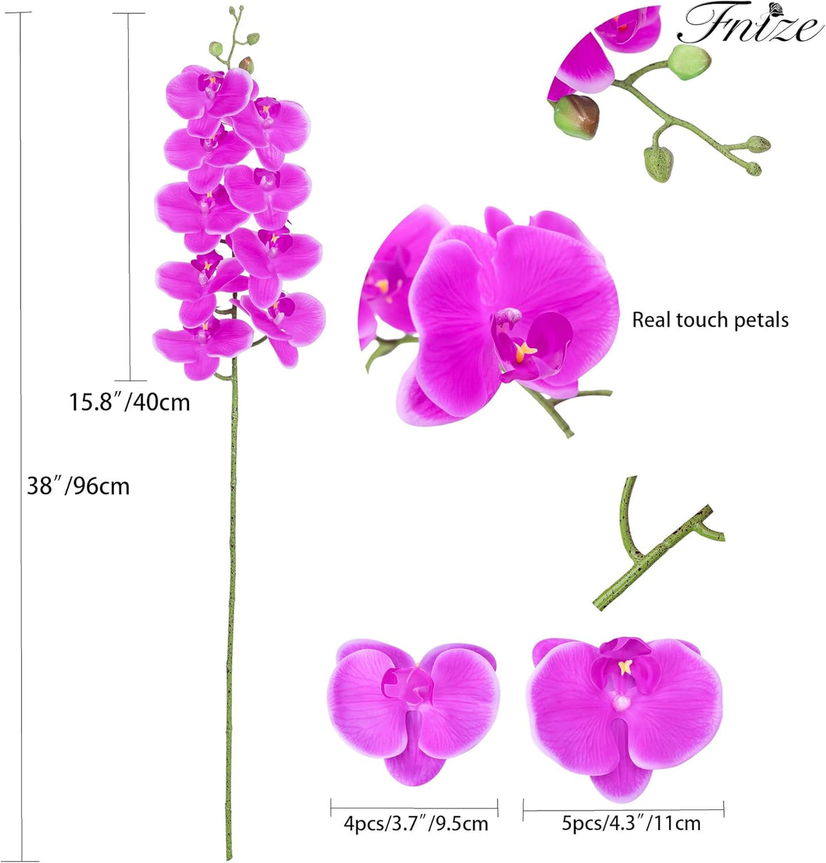 Fnize Artificial Orchid Stems Real Touch Latex Phalaenopsis Branches Faux Cymbidium Flowers 9 Large Petals 38 Inches 2 Pcs (Rose red)