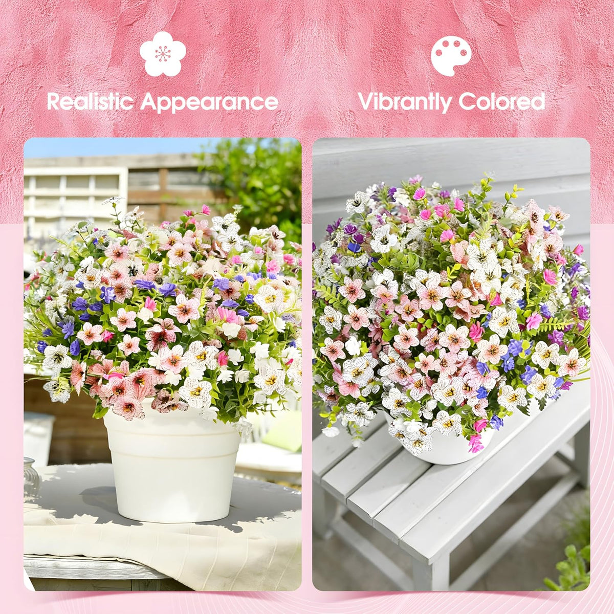 Fake Flowers for Outdoor UV Resistant 24 Pcs Pink Summer Artificial Flowers Outdoors, Realistic Faux Silk Flowers Fade Resistant, Fake Plants ＆ Flowers for Garden Porch Planters Window Patio Wedding
