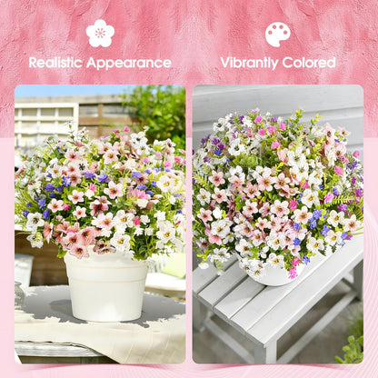 Fake Flowers for Outdoor UV Resistant 24 Pcs Pink Summer Artificial Flowers Outdoors, Realistic Faux Silk Flowers Fade Resistant, Fake Plants ＆ Flowers for Garden Porch Planters Window Patio Wedding