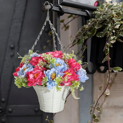 Artificial Flower Hanging Basket, Artificial Hanging Baskets with Flowers, Fake Flowers in Hanging Basket, Fake Hanging Plants for Outdoor Decor, Faux Flowers for Outdoor Patio Garden(1PCS-red blue)