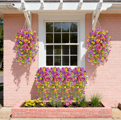 Serwalin Artificial Fake Hanging Flowers for Outdoors Planters, 6 Pcs UV Resistant Faux Pansy Spring Flowers for Outside Porch Patio Garden Window Box (Mixed Colors)