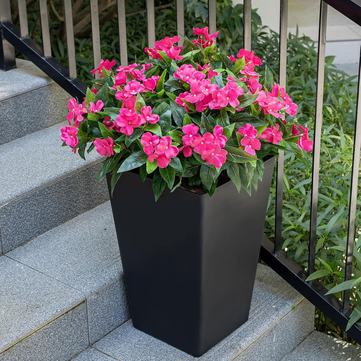 Artificial Fake Flowers for Outdoor Décor 6 Bundles UV Resistant Fake Plants for Planter Faux Impatiens for Home Porch/Garden Stunning（Rose Red）