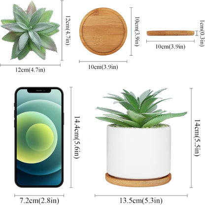 Hopewood Artificial Succulents Plant, Faux Agave Succulent Plant in Ceramic Pots with Bamboo Tray, Fake Potted Plants for Office Desk Living Room Decor(Set of 2)