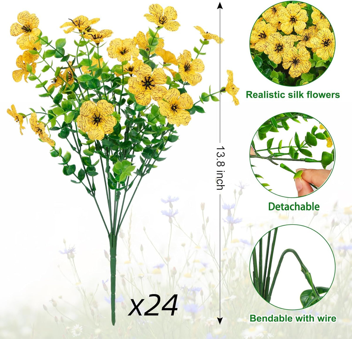 Ouddy Decor 24 Bundles Artificial Flowers for Outdoors Fake Silk Flowers UV Resistant Faux Plastic Plants for Spring Summer Garden Porch Window Box Table Vase Home Indoor Outdoor Decoration, Yellow