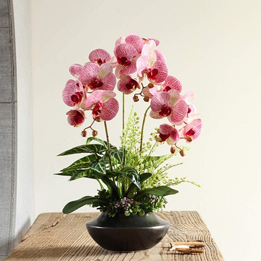 Artificial Flower Waterproof Faux Orchids Plastic Leaves Artificial Phalaenopsis Flowers with Porcelain Vase Artificial Flowers Decoration Beautiful Shape,