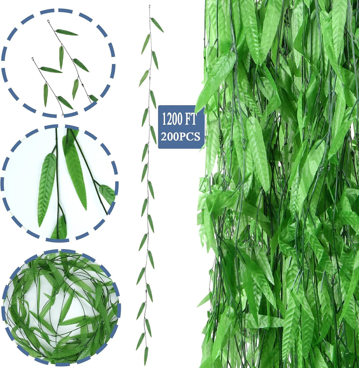 200 Strands 1200FT Fake Ivy Leaves Artificial Ivy Greenery Garland Faux Willow Vines Silk Hanging Plants Home Aesthetic Jungle Party Vines for Bedroom Wedding Patio Garden Wall Room