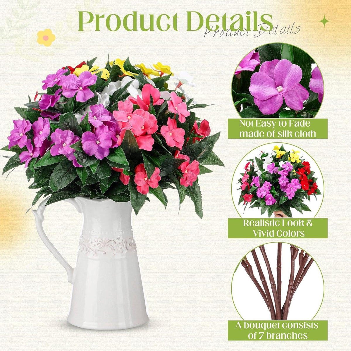10 Bundles Artificial Impatiens Bouquet Flowers for Outdoors Silk Faux Flowers Indoor Fake Plastic Plants Patio Lawn Garden Wedding Fall Thanksgiving Decor (Multi Color)