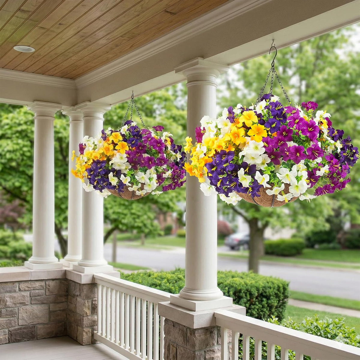 2 Set Artificial Outdoor Flowers with Hanging Baskets, 24 Pcs UV Resistant Faux Petunia Flowers with Hanging Planter for Front Door Porch Spring Outside Decor (2, White, Yellow, Purple, RedViolet)
