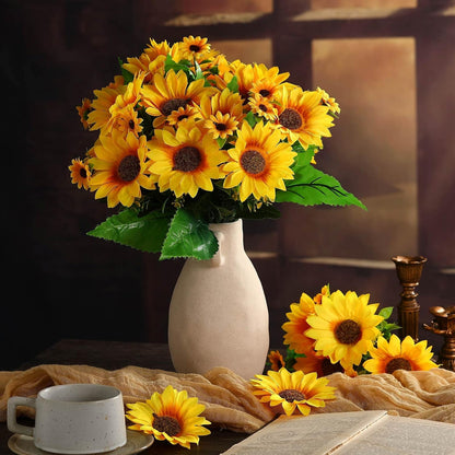Redbaker 24 Bundles Sunflower Faux Mums for Outdoor Artificial Flower with Stems Bouquet Fake Plants Bulk UV Resistant Plastic No Fade Wedding Fall Garden Home Window Decor (Little Sunflower, Yellow)
