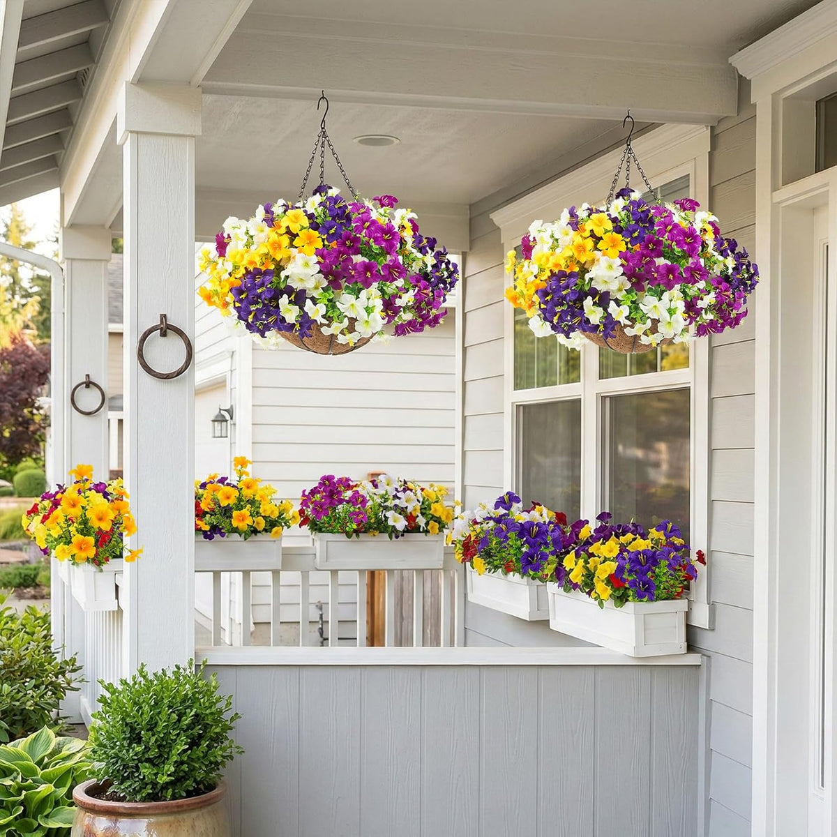 2 Set Artificial Outdoor Flowers with Hanging Baskets, 24 Pcs UV Resistant Faux Petunia Flowers with Hanging Planter for Front Door Porch Spring Outside Decor (2, White, Yellow, Purple, RedViolet)