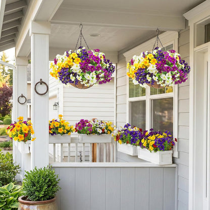 2 Set Artificial Outdoor Flowers with Hanging Baskets, 24 Pcs UV Resistant Faux Petunia Flowers with Hanging Planter for Front Door Porch Spring Outside Decor (2, White, Yellow, Purple, RedViolet)