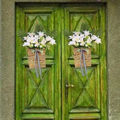 Artificial Flowers Basket, Hanging Door Basket, Artificial Hanging Baskets with Flower, Basket Wreath for Outdoor Indoor Wall Door