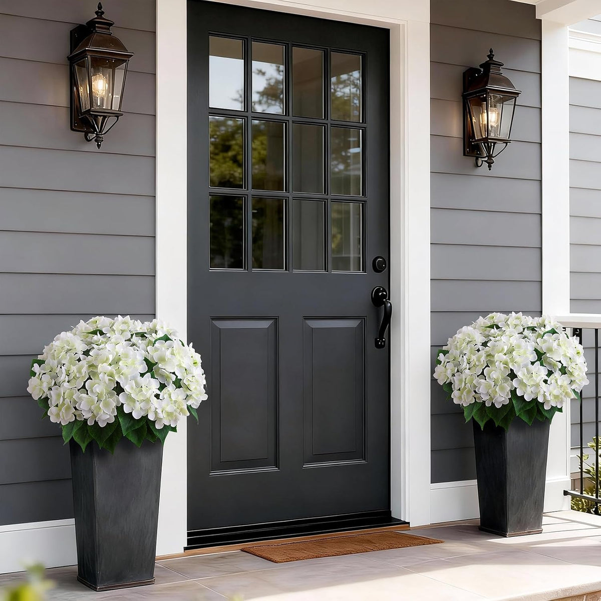Artificial Hydrangea Flower Topiary Trees - 2 Sets Faux Silk Flower Potted Plant, UV Resistant Fake Outdoor Hydrangea Bush for Front Door, Farmhouse, Garden, Porch Decor (White)