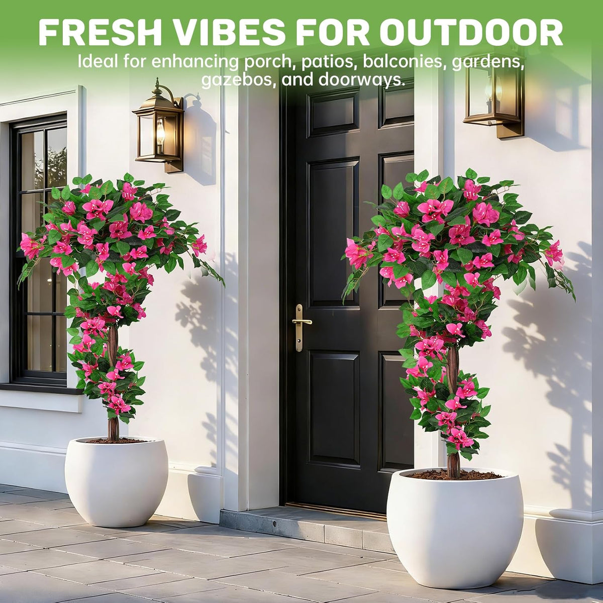 2 Pack 4FT Artificial Bougainvillea Topiary Trees for Outdoor, Fake Silk Flowers Plants Bushes with Ground Spike, Faux UV Resistant Shurbs Trees for Outside, Front Porch, Patio, Balcony Decor