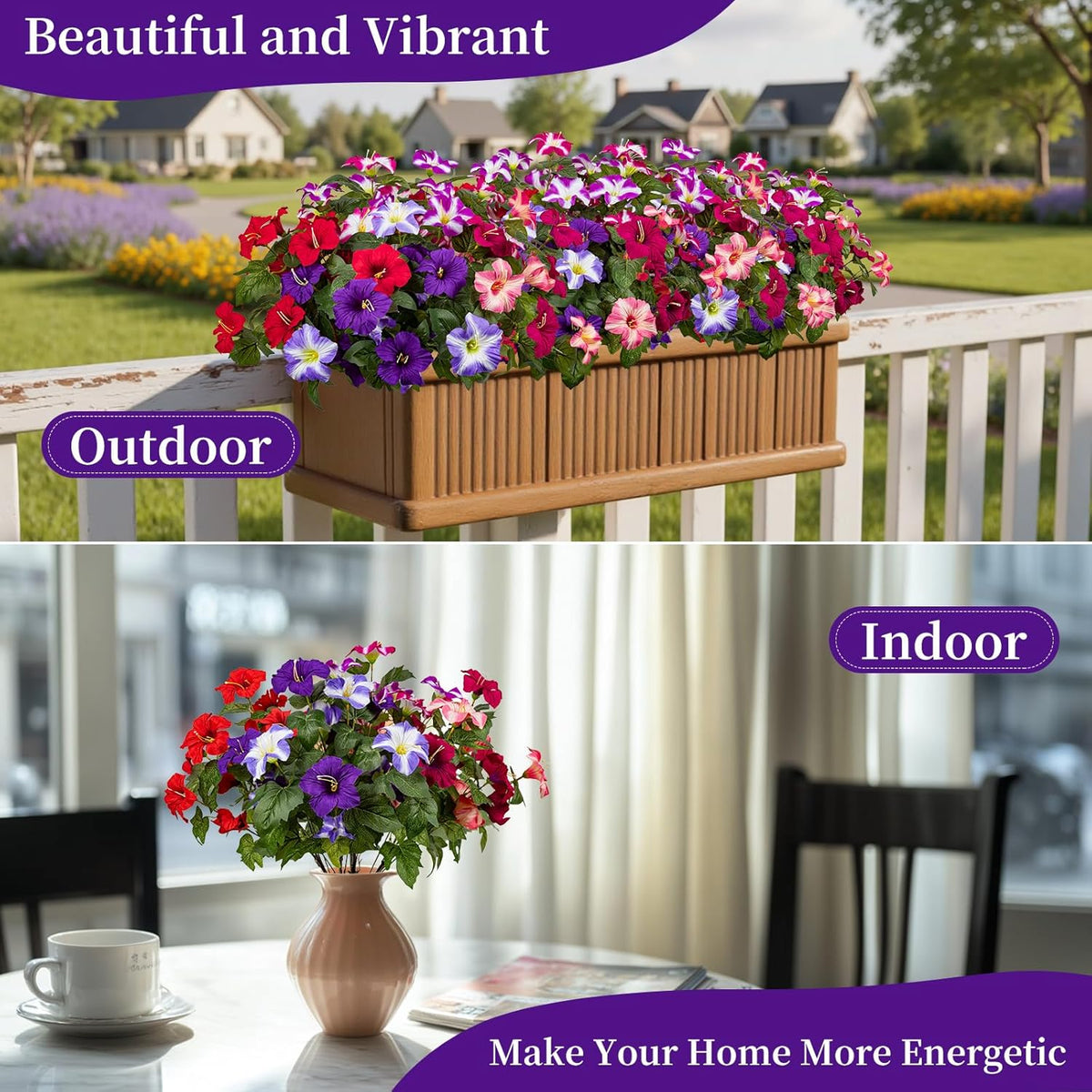 19 Inch Artificial Fake Flowers for Outdoor, 4 Pcs Faux Silk Petunias Spring Flowers for Outside for Indoor Porch Planter Front Door Garden Patio Window Box Home Decor (Multiple Color)