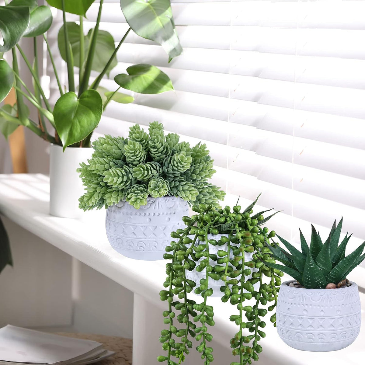 Winlyn 3 Pcs Assorted Small Potted Succulent Plants Artificial Aloe Hanging Succulent in White Geometric Concrete Ceramic Pots for Gift Party Wedding Favors Windowsill Table Shelf Indoor Outdoor Decor