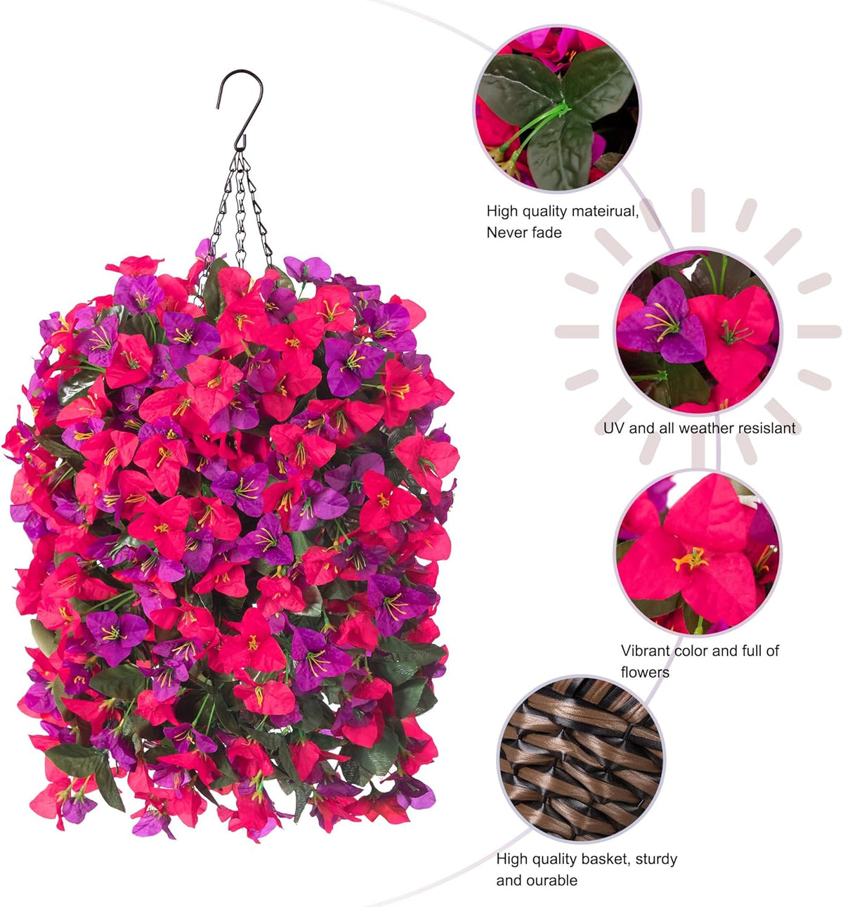 Artificial Bougainvillea Faux Flowers Plants Baskets for Outdoor Outside Decoration, 3PCS Fake Silk Flowers Long Trailing Vines UV Resistant Realistic for Front Door Porch Patio (PurpleHotpink)