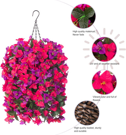 Artificial Bougainvillea Faux Flowers Plants Baskets for Outdoor Outside Decoration, 3PCS Fake Silk Flowers Long Trailing Vines UV Resistant Realistic for Front Door Porch Patio (PurpleHotpink)