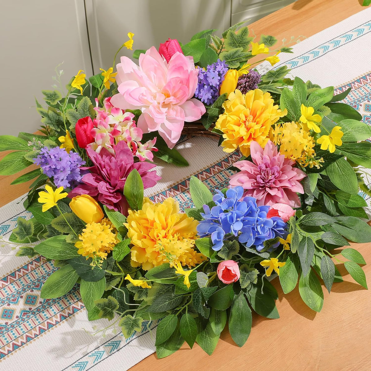 Spring Wreaths for Front Door, 24 Inch Greenery Front Door Wreath with Peonies Dahlias Hydrangeas, Artificial Home Decorations for Indoor Outdoor Window Wall, Outside Floral Wreath Decor for Home Porch