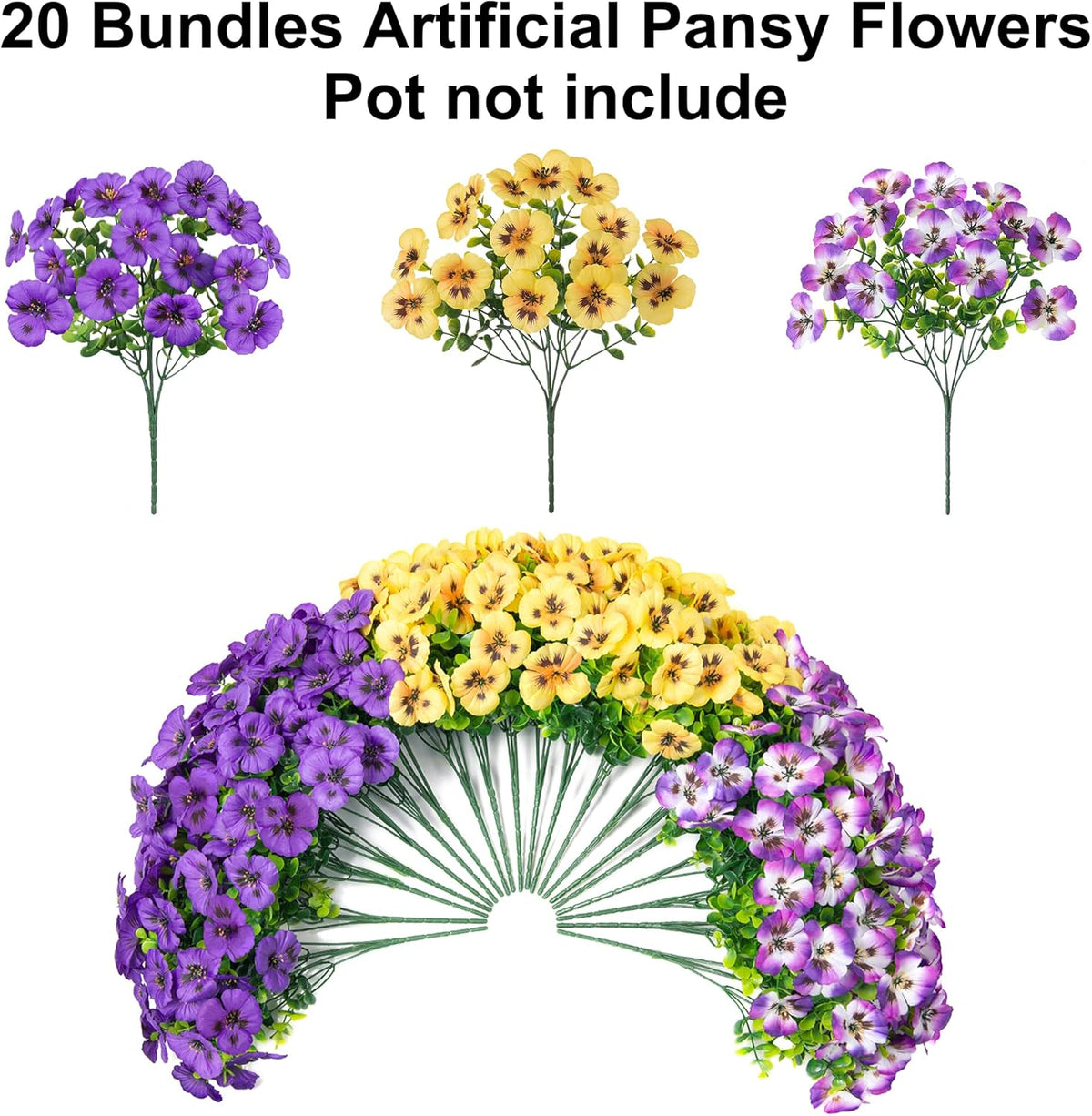 Ivydale 20 Pcs Artificial Fake Pansy Flowers for Outdoors Spring Decor, Faux Silk Pansies UV Resistant Plants for Front Door Porch Yard Patio Window Box Home Decor (Purple Yellow Gradient Purple)