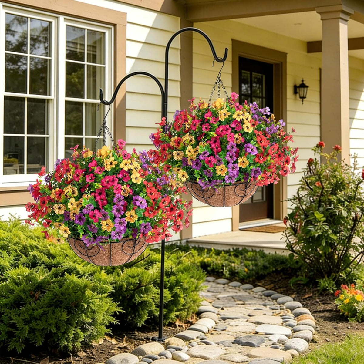 HyeFlora 2 Set Artificial Outdoor Flowers Hanging Basket, Faux Hanging Plants for Outside Spring Decoration, Fake Silk UV Resistant Look Real Daisy for Porch Patio Home Decor