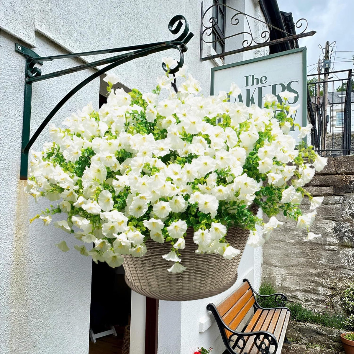 Artificial Fake Flowers For Outdoor Outside Decoration, 16 Bundles UV Resistant Faux Plastic White Flowers with Green Eucalyptus Stem Plants Bulk Look Real for Home Porch yard Patio Planters (White)