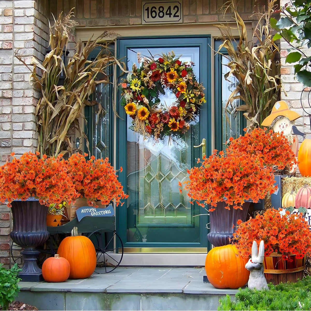 18 Pcs Artificial Mums Flowers Outdoor Plastic Fall Flowers Fake Mums Autumn Greenery Flower for Porch Window Box Farmhouse Thanksgiving Home Decor ((18, Orange)