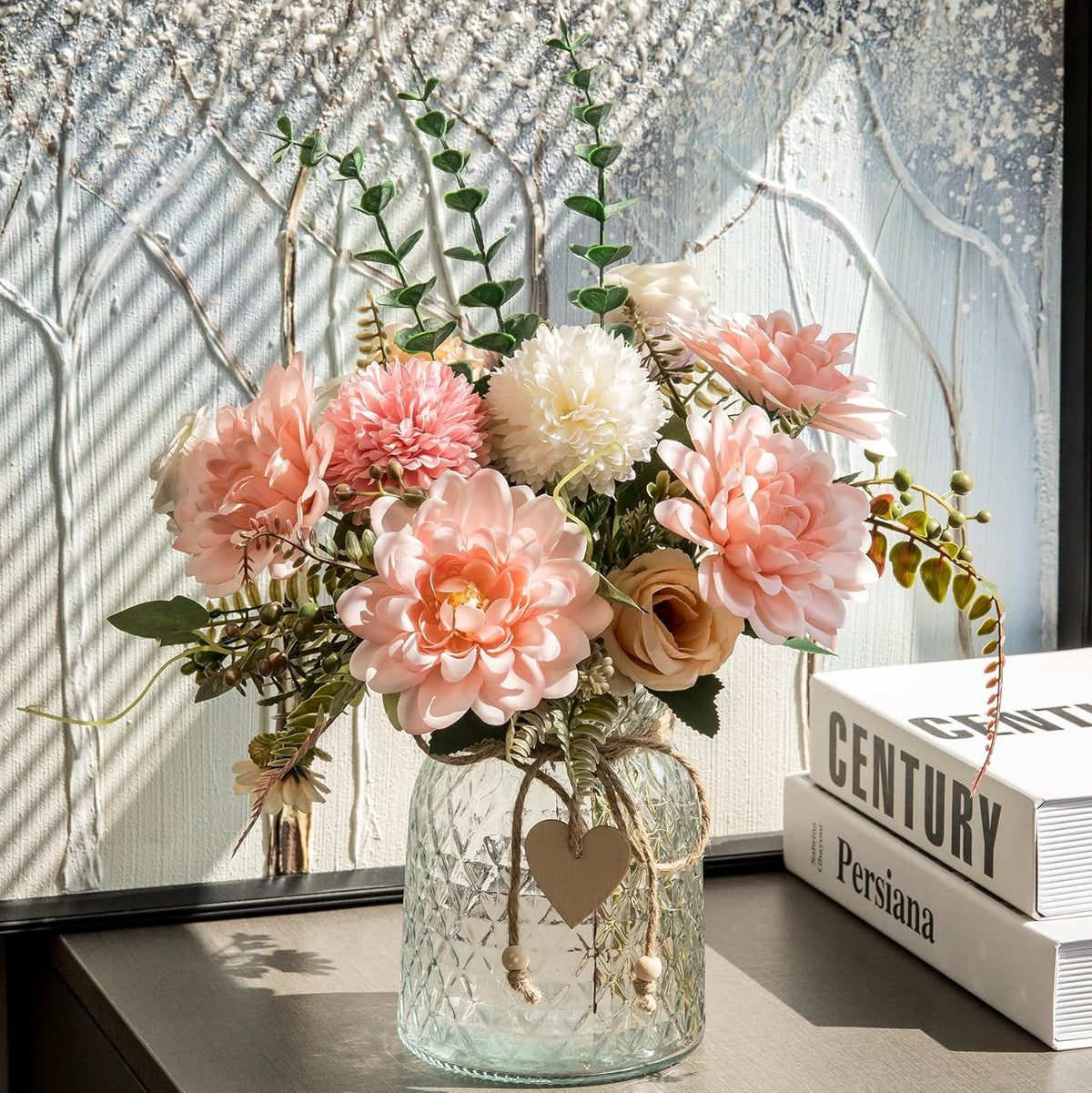 Fake Flowers with Vase, Faux Flowers in Vase for Home Decor, Silk Pink Dahlia Artificial Flowers with Vase for Coffee Table Decor, Living Room Bathroom Plant Decor, Centerpiece Table Decorations