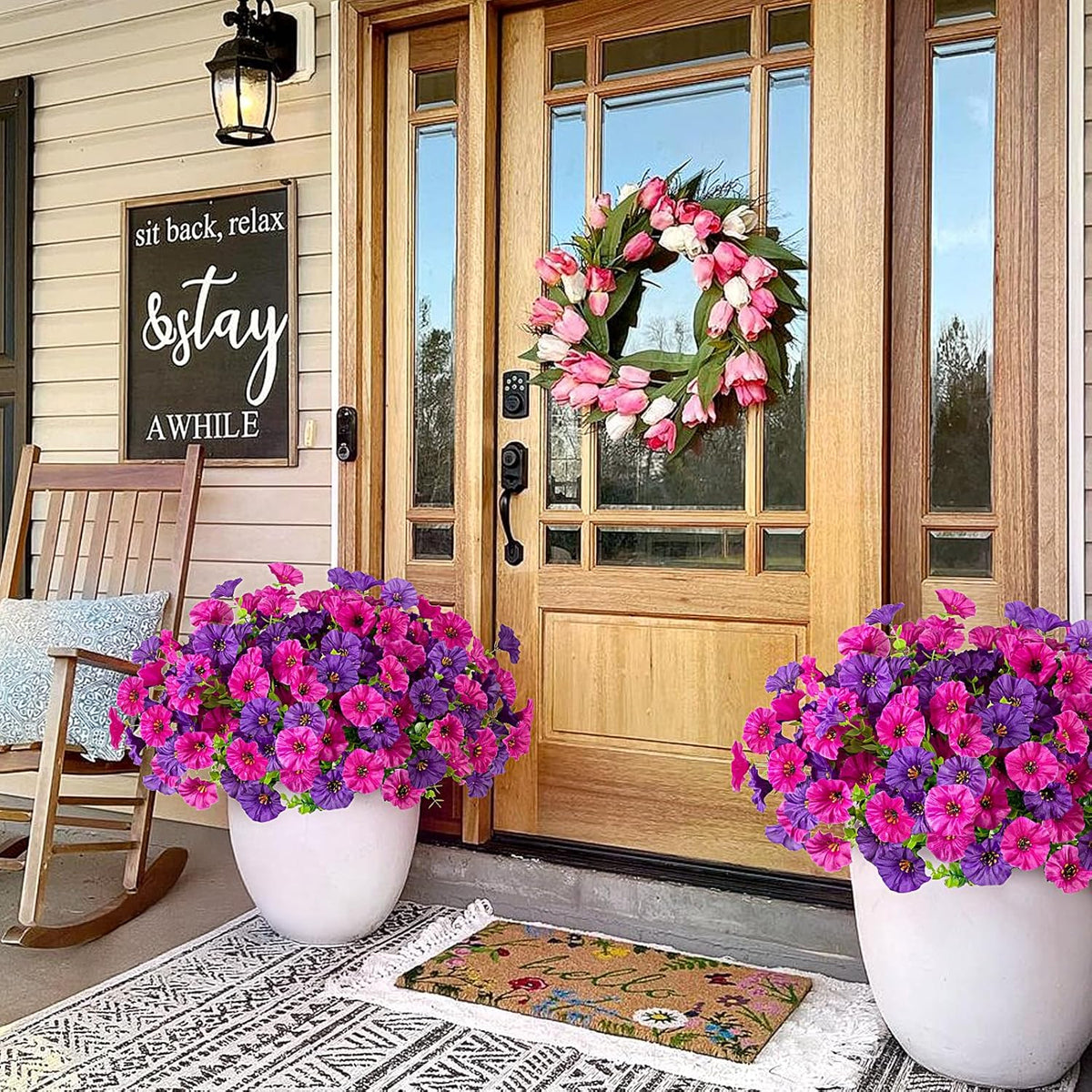 Artificial Flowers for Outdoors, 12 Bundles Fake Plastic Flower Plant, UV Resistant Faux Colorful Silk Morning Glory Petunias for Spring Summer Outside Garden Porch Front Door Decor, Purple