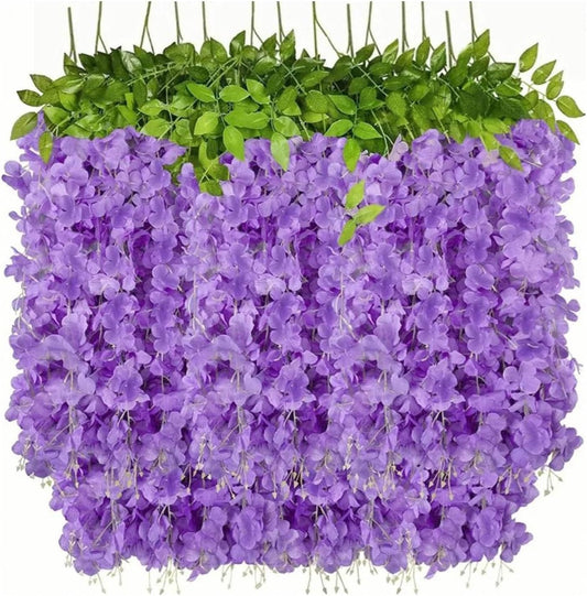 14PCS Artificial Wisteria Hanging Flowers, Six Leaf Blue Garland Silk Flowers Decoration, 43 Feet Fake Wisteria Vine Rattan String for Home Office Wedding Wall Garden Outdoor Party
