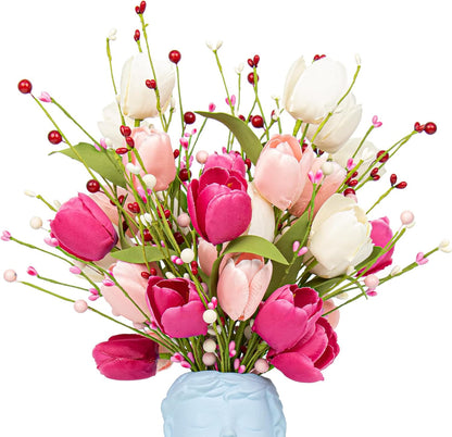 VioletEverGarden Valentines Day Decorations 6 Pack Valentines Flowers 17 inch Valentine’s Day Picks with Tulip Berry for Valentine’s Day Wedding Party Center Pieces