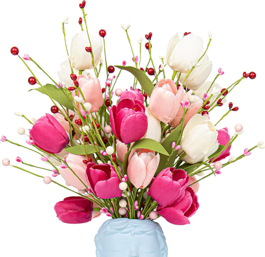 VioletEverGarden Valentines Day Decorations 6 Pack Valentines Flowers 17 inch Valentine’s Day Picks with Tulip Berry for Valentine’s Day Wedding Party Center Pieces
