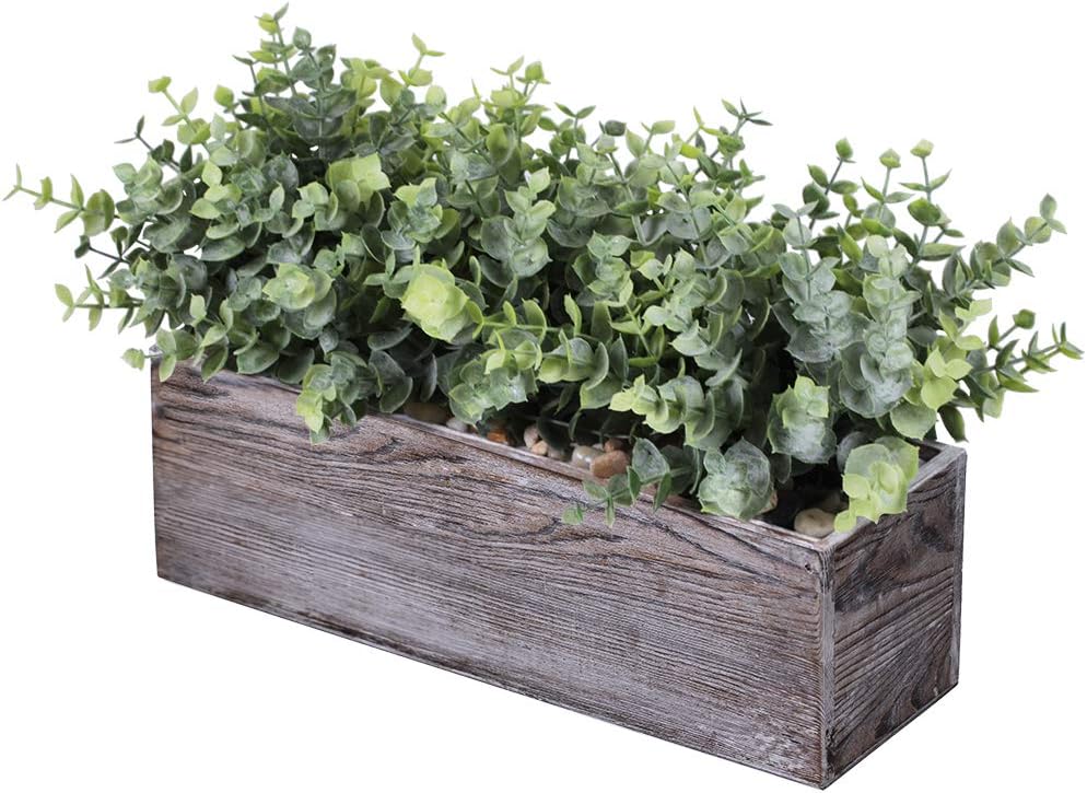Winlyn Faux Eucalyptus Plants in Rustic Rectangular Wood Planter Box Artificial Eucalyptus Greenery Arrangement Potted Plant in Dusty Green for Wedding Centerpiece Office Room Table Windowsill Décor