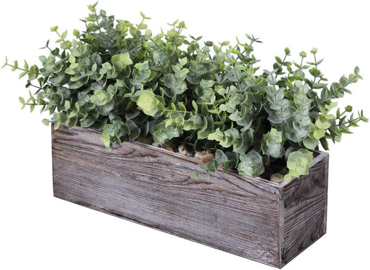 Winlyn Faux Eucalyptus Plants in Rustic Rectangular Wood Planter Box Artificial Eucalyptus Greenery Arrangement Potted Plant in Dusty Green for Wedding Centerpiece Office Room Table Windowsill Décor