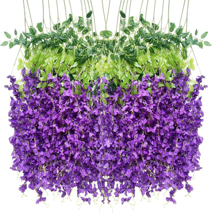 Artificial Wisteria Hanging Flowers-Fake Wisteria Flower Garland Silk Vines Rattan Decor for Home Wedding Arch Wall Garden Greenery Bedroom Outdoor Office Party Decoration (24, Purple)
