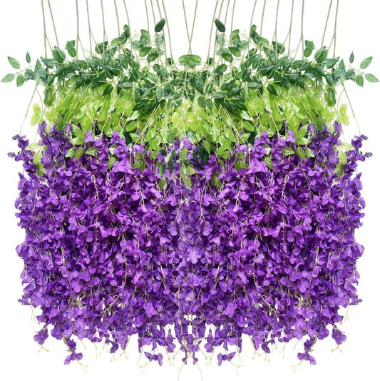 Artificial Wisteria Hanging Flowers-Fake Wisteria Flower Garland Silk Vines Rattan Decor for Home Wedding Arch Wall Garden Greenery Bedroom Outdoor Office Party Decoration (24, Purple)
