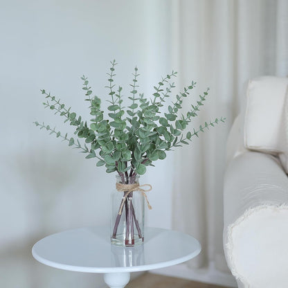 VIERENA 17.5" Artificial Eucalyptus Stems in Glass Vase with Faux Water, Fake Plant Eucalyptus Leaves White Seeds for Centerpiece Table Decorations Farmhouse Wedding Home Greenery Decor (Sage Green)