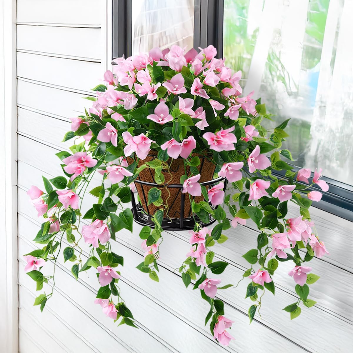 Homsunny Artificial Hanging Flowers Plants Basket for Outdoor Decoration, 4 Pcs Faux Silk Bougainvillea Vine Flowers Look Real UV Resistant for Outside Porch Patio Yard Garden Decor (Pink