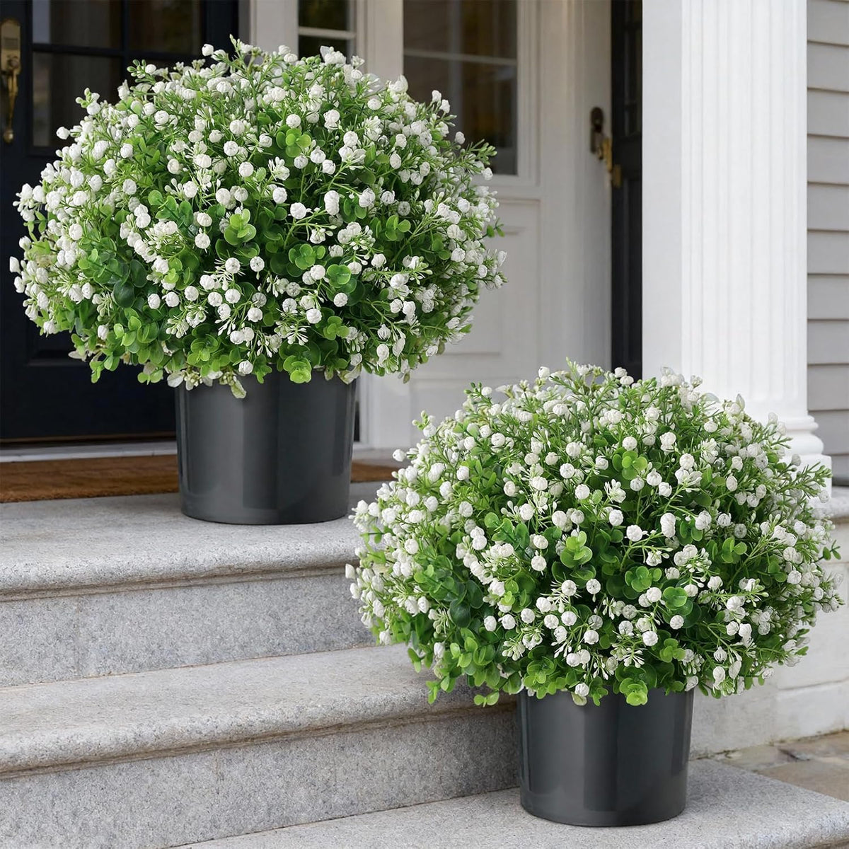 Artificial Eucalyptus with Baby's Breath Topiary Ball Trees - 2 Set Faux Potted Plants