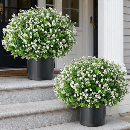 Artificial Eucalyptus with Baby's Breath Topiary Ball Trees - 2 Set Faux Potted Plants
