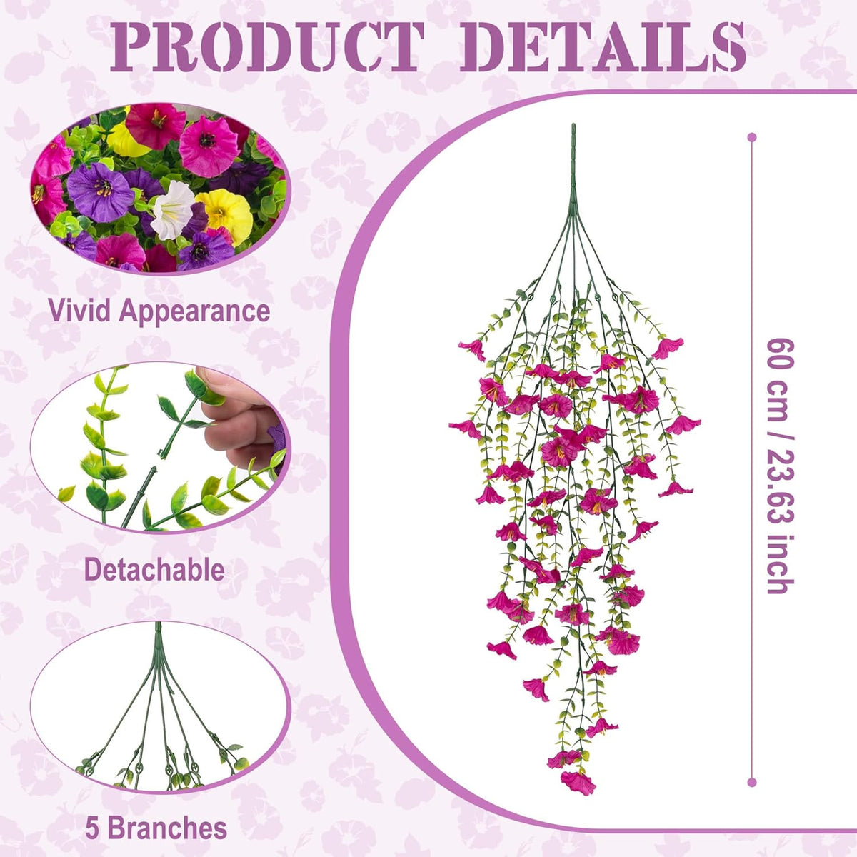 Artificial Hanging Petunia Flowers for Outdoor, 8 Pcs Fake Plants Long Vine Morning Glory Eucalyptus, UV Resistant Realistic Faux Greenery Outdoor Patio, Porch, and Garden Spring Summer Decor, Mix Color