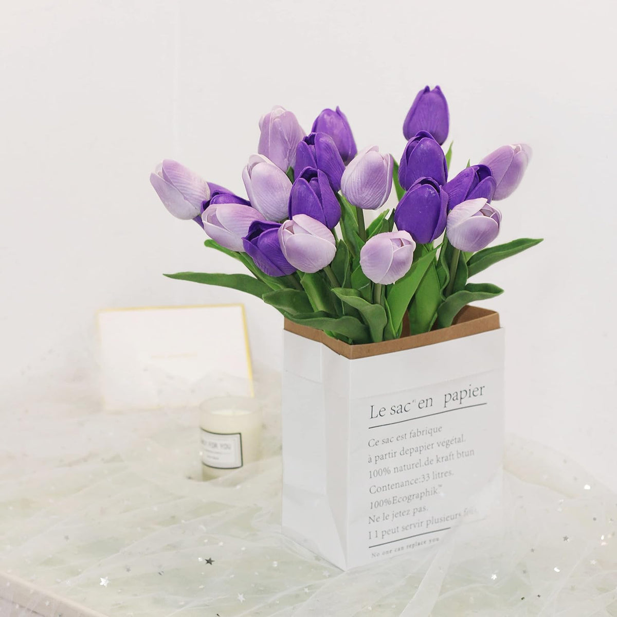 20 Pcs Purple Faux Tulip Flowers Real Touch Spring Tulip Artificial Flowers Bouquet Floral Arrangement for Wedding Home Garden Room Decor (2 Colors)