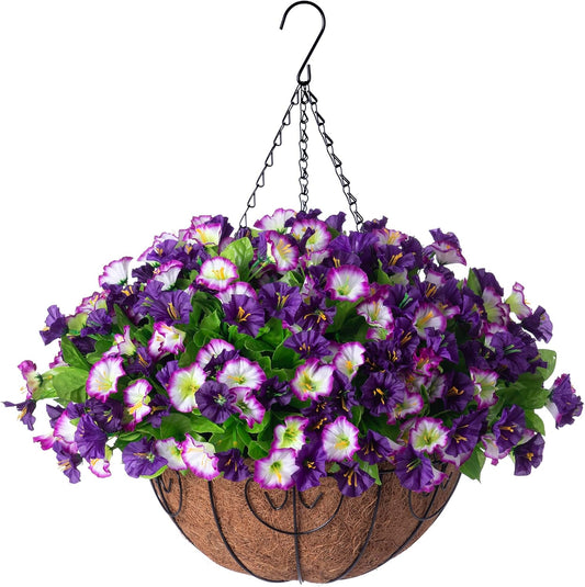 Artificial Hanging Flowers 12 inch Basket, Faux Silk Petunias Flower Arrangement, Coconut Lining Pot Planter with Morning Glories Patio Garden Porch Deck Spring Summer Decor (Purple Edge)