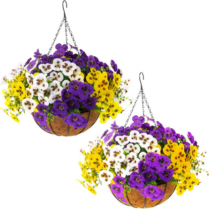lovemoon 2 Sets Artificial Hanging Pansy Flowers with Baskets, 24 Pcs UV Resistant Faux Silk Pansy Outdoor Hanging Flower for Porch Patio Garden Home Spring Decor (2, White, Yellow, Purple)
